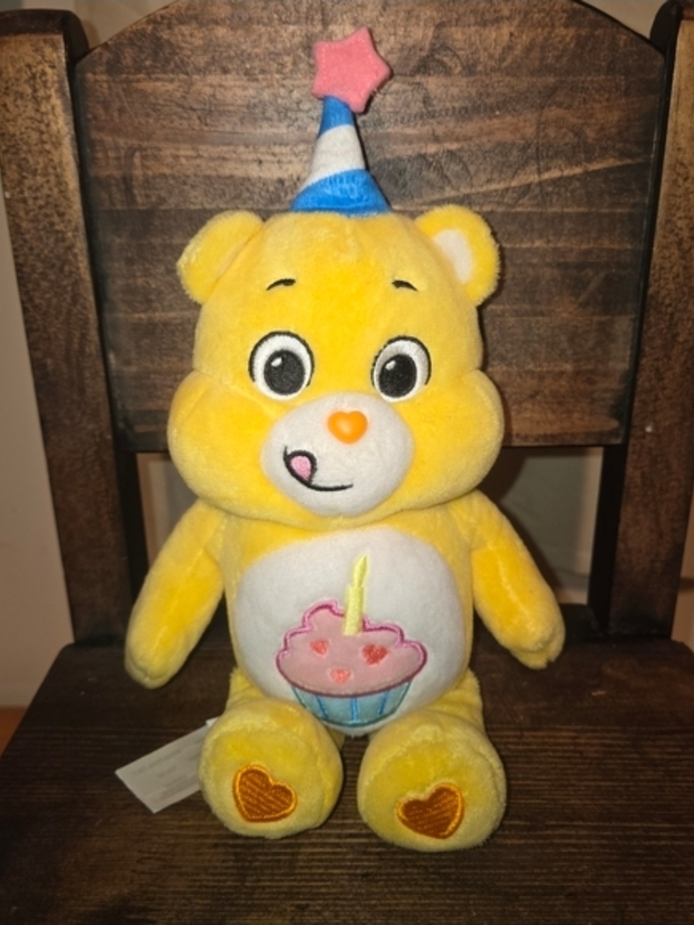 Care Bears Yellow Birthday Cupcake Bear Plush with Pink and Blue Details